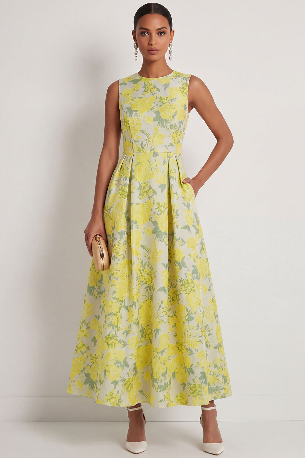 Daffodil Floral A Line Round Neck Sleeveless Long Formal Dress