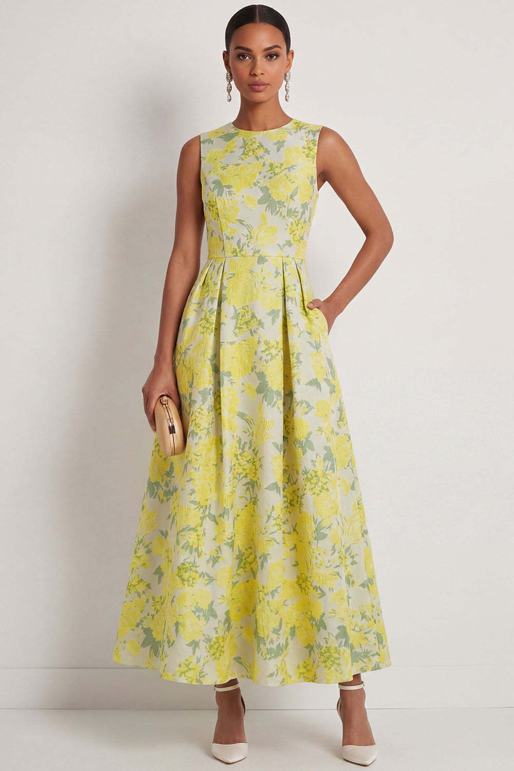 Leely Women Daffodil Floral A Line Long Formal Dress Round Neck Sleeveless Wedding Guest Dress