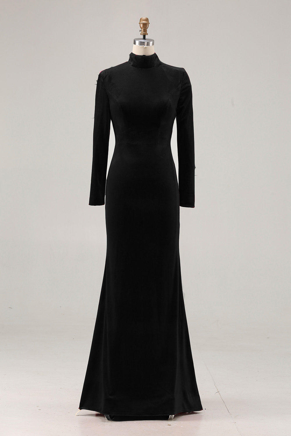 Cabernet Velvet High Neck Sweep Train Formal Dress with Sleeves