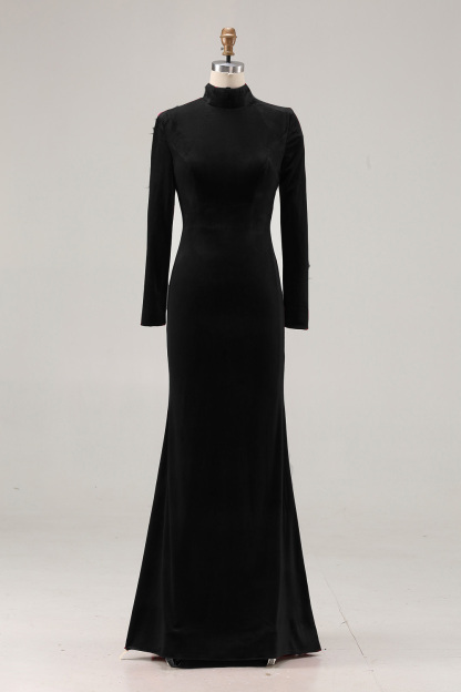 Cabernet Velvet High Neck Sweep Train Formal Dress with Sleeves