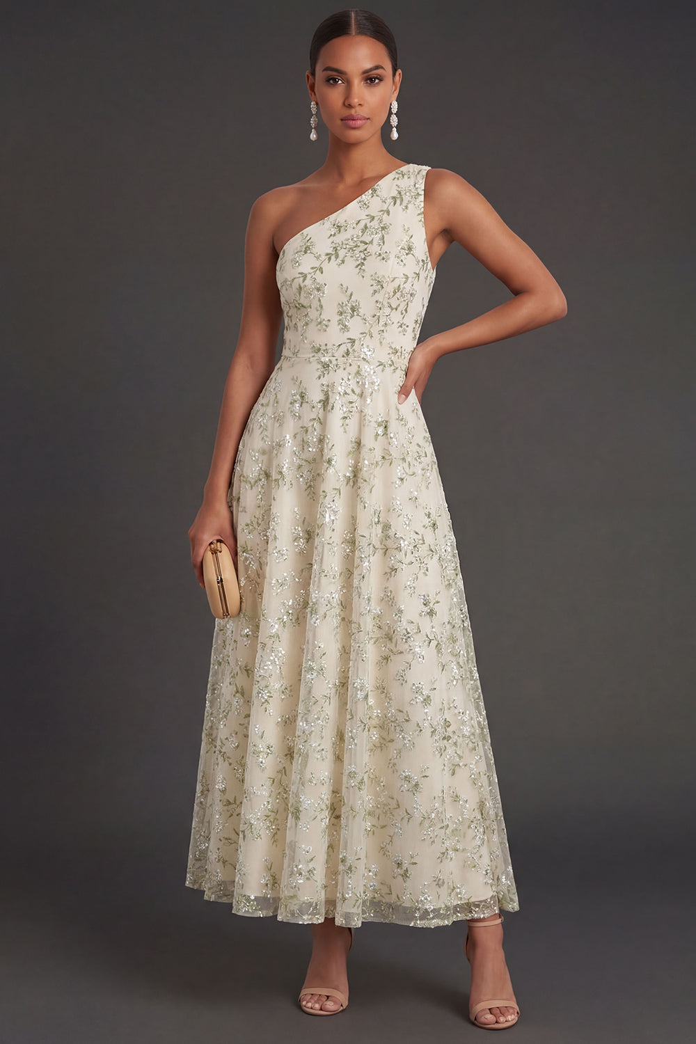 Leely Women Light Green Floral A Line One Shoulder Long Formal Dress Appliqued Backless Sleeveless Wedding Guest Dress