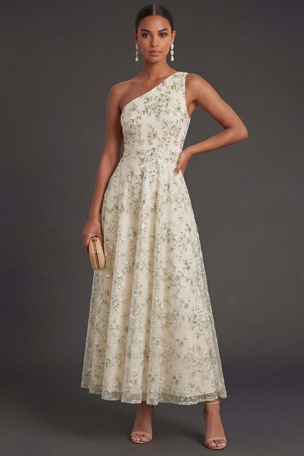 Leely Women Light Green Floral A Line One Shoulder Long Formal Dress Appliqued Backless Sleeveless Wedding Guest Dress