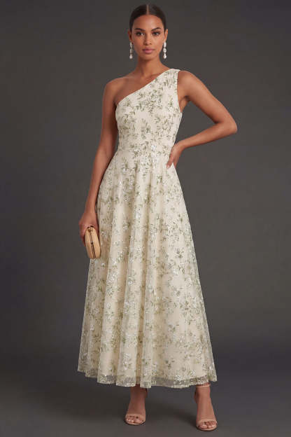 Leely Women Light Green Floral A Line One Shoulder Long Formal Dress Appliqued Backless Sleeveless Wedding Guest Dress