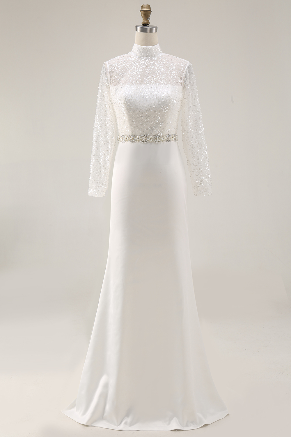 Leely Women White Chiffon Mermaid Maxi Wedding Reception Dress with Beading High Neck Long Sleeves Engagement Dress with Sleeves