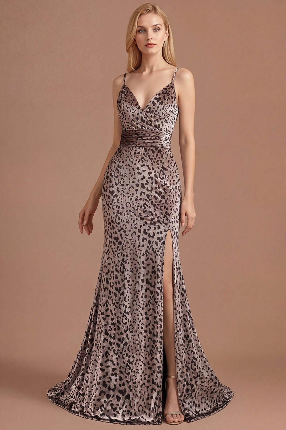Floral Golden Leopard Mermaid Spaghetti Straps Sleeveless Long Prom Dress with Slit