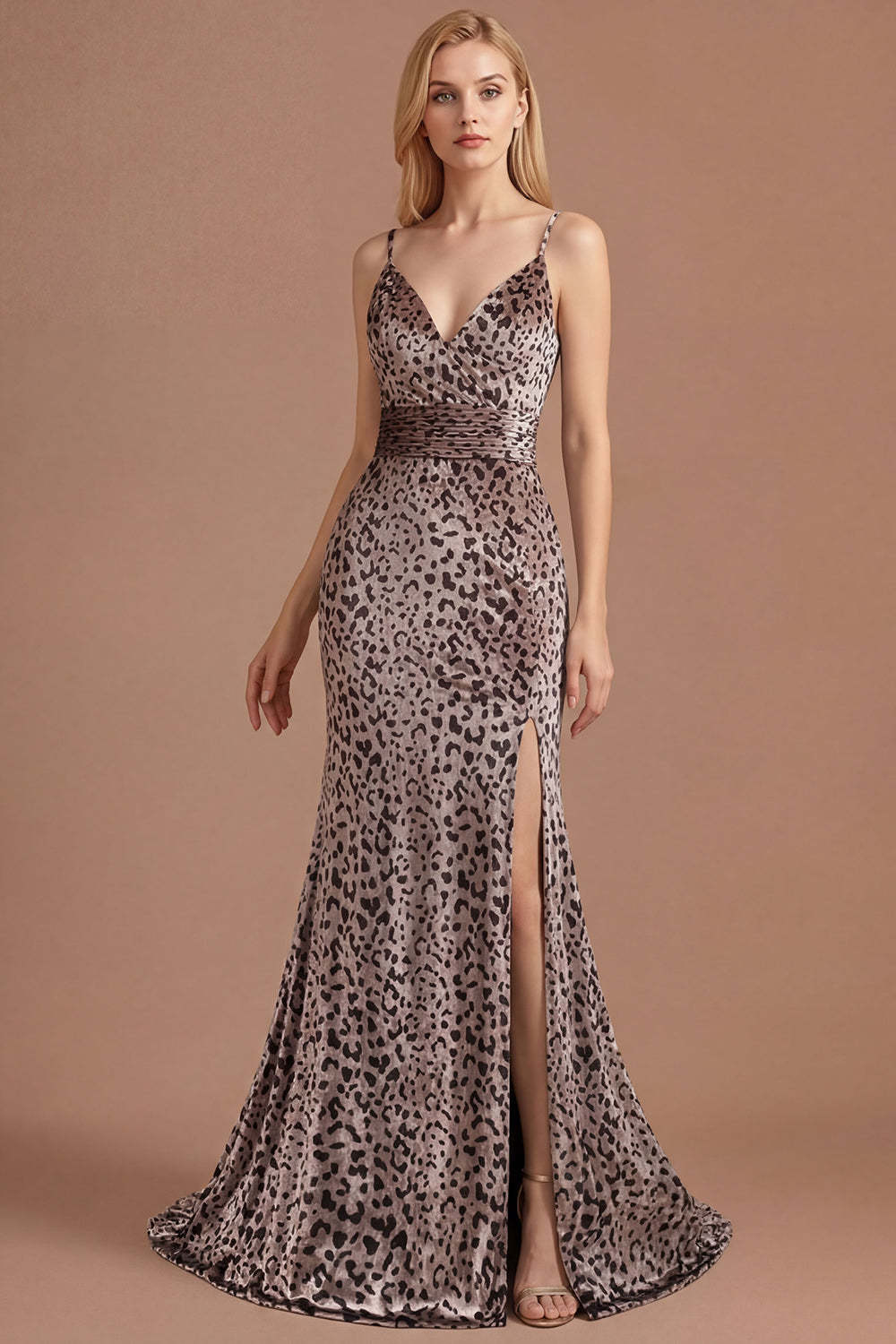 Leely Women Floral Golden Leopard Mermaid Long Prom Dress with Slit Spaghetti Straps Sleeveless Backless Gala Dress