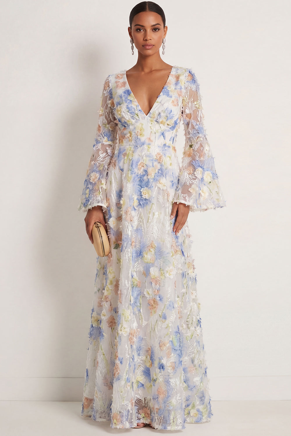 Light Blue A Line Floral Appliqued V Neck Flutter Sleeves Long Wedding Guest Dress