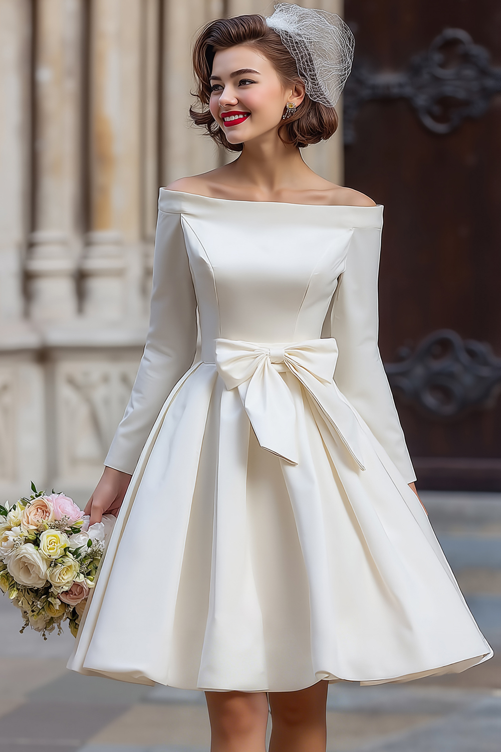 Leely Women White Satin Short Wedding Dress with Bow A Line Off the Shoulder Engagement Dress with Sleeves