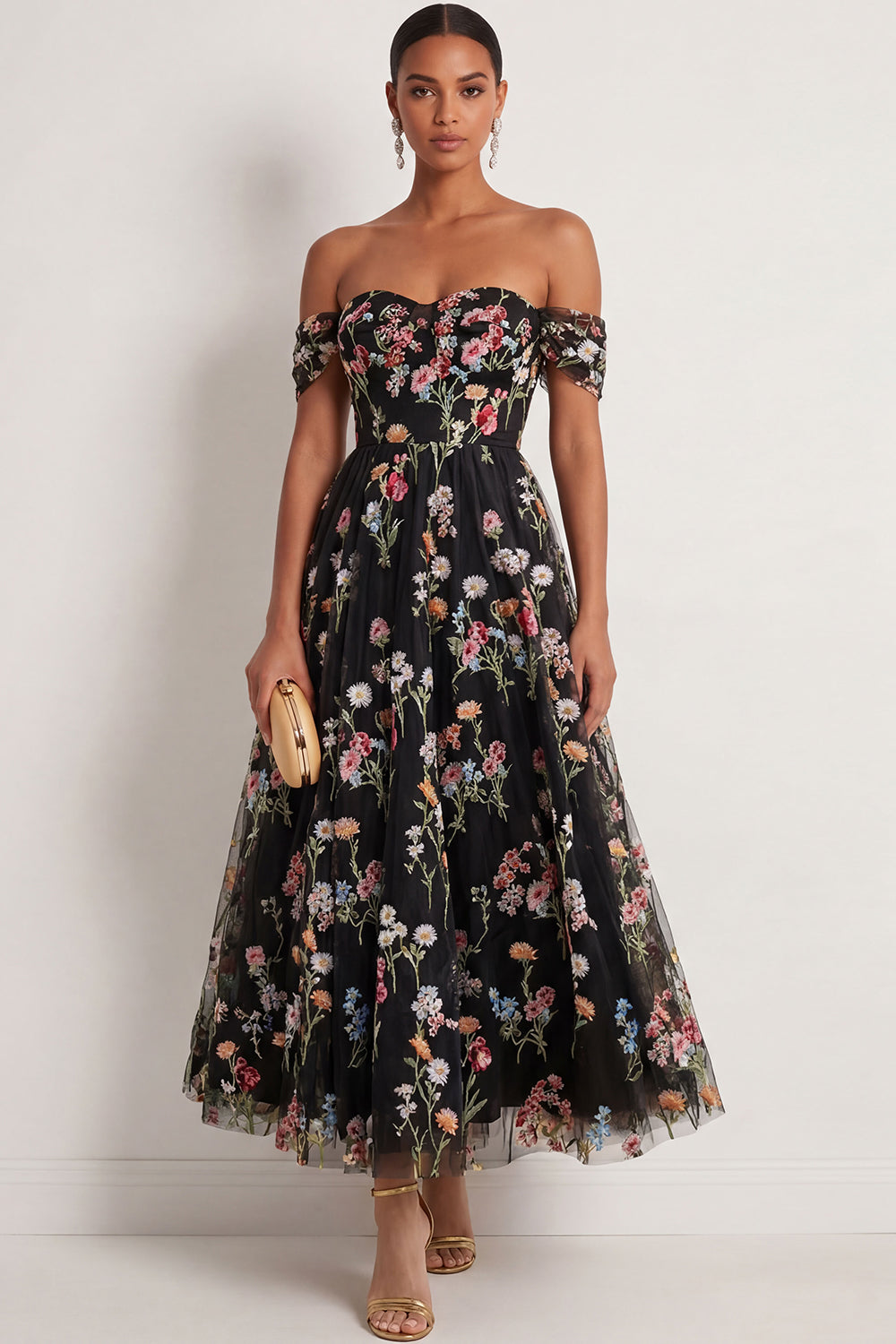 Leely Women Black Floral A Line Embroidered Long Formal Dress Off the Shoulder Backless Sleeveless Evening Dress
