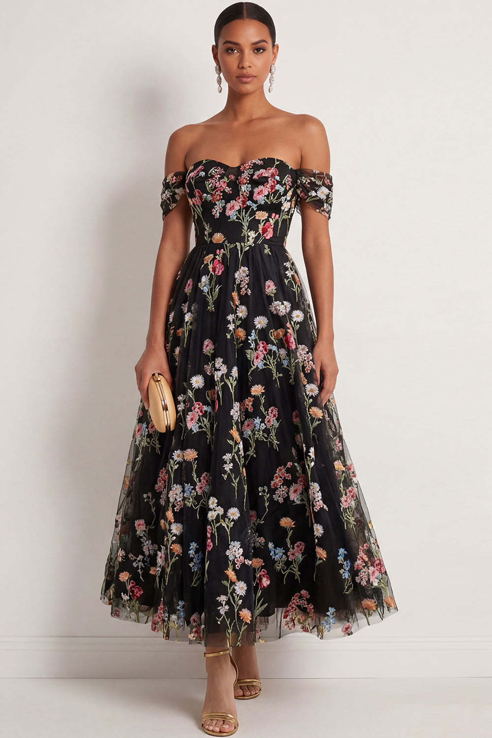 Leely Women Black Floral A Line Embroidered Long Formal Dress Off the Shoulder Backless Sleeveless Evening Dress