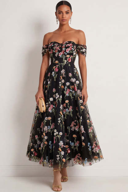 Leely Women Black Floral A Line Embroidered Long Formal Dress Off the Shoulder Backless Sleeveless Evening Dress