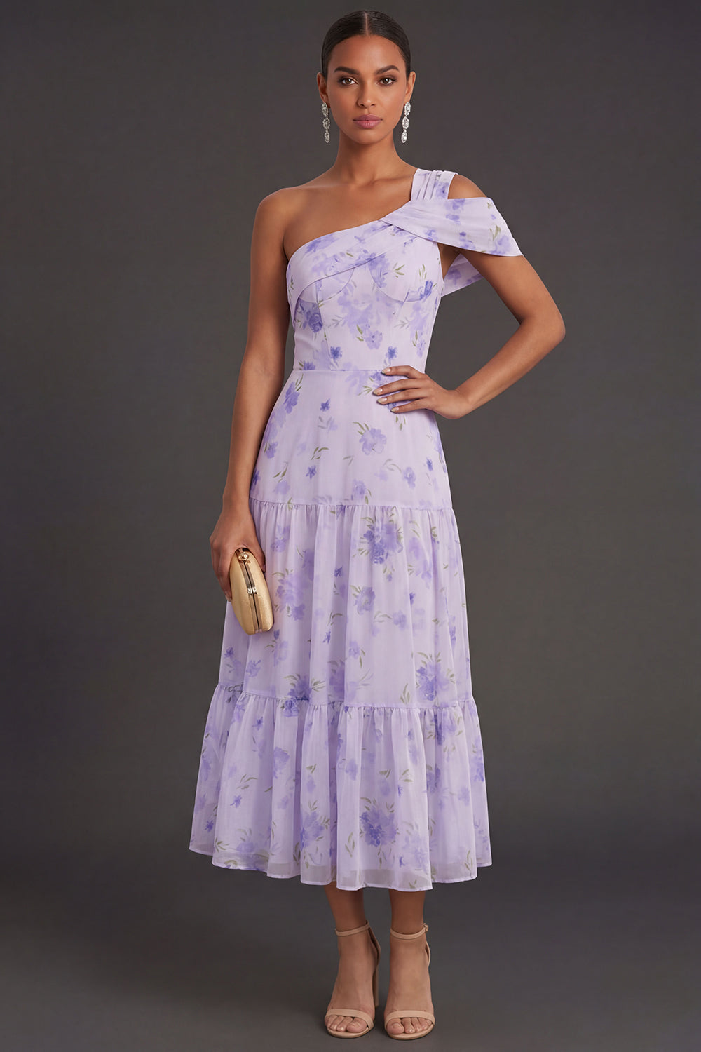 Leely Women Floral Lilac A Line Long Formal Dress with Slit One Shoulder Sleeveless Wedding Guest Dress