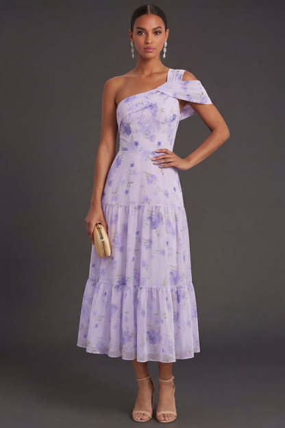 Leely Women Floral Lilac A Line Long Formal Dress with Slit One Shoulder Sleeveless Wedding Guest Dress