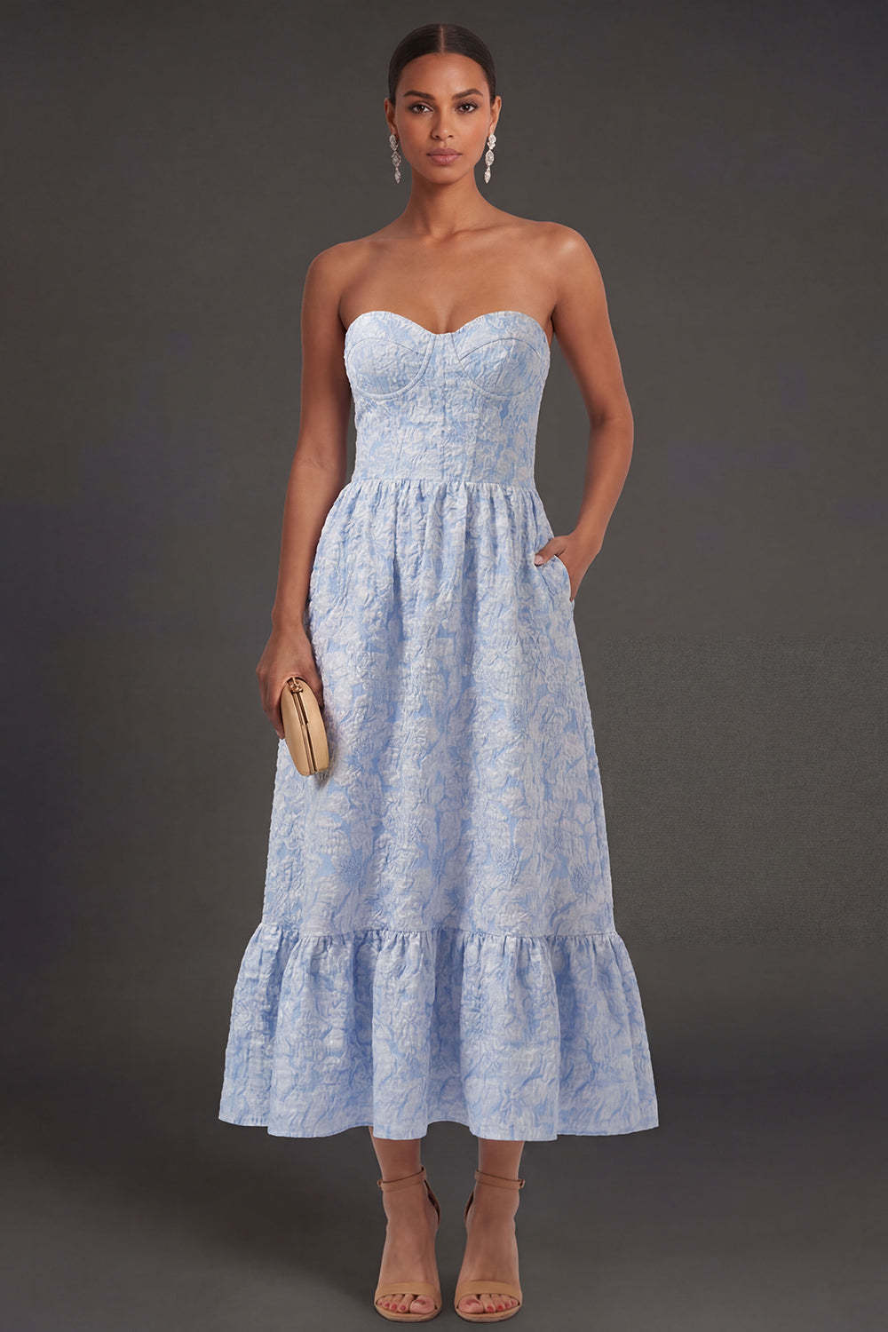 Leely Women Jacquard Blue Floral A Line Long Formal Dress Backless Strapless Sleeveless Wedding Guest Dress