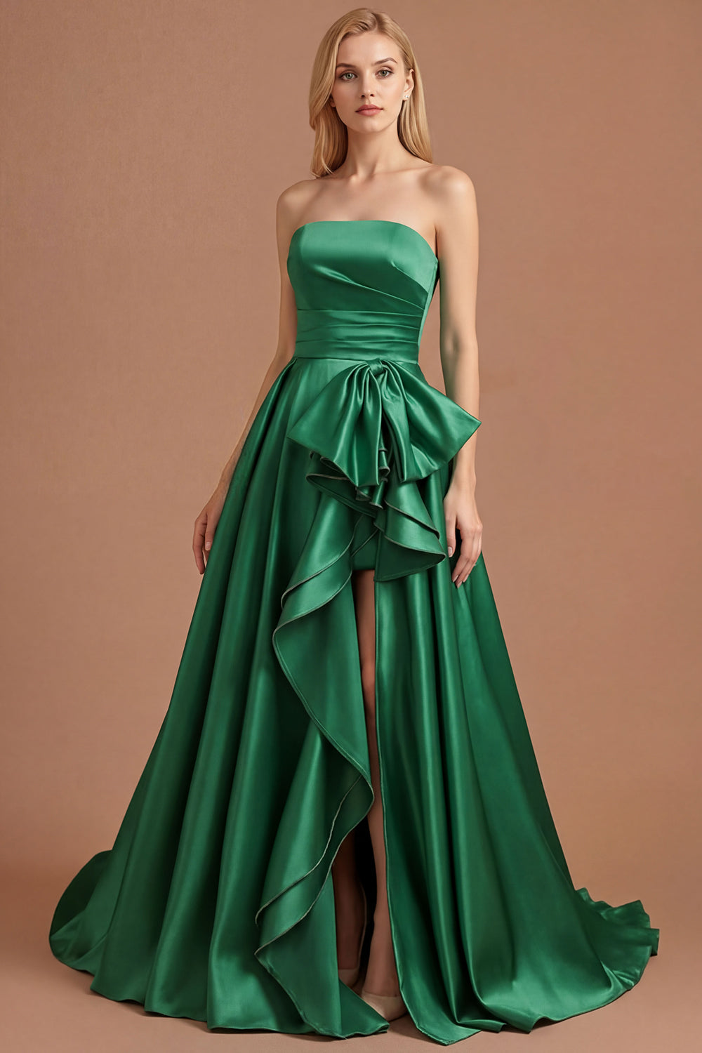 Leely Women Dark Green A Line Long Prom Dress with Detachable Cape Ruched Strapless Backless Pageant Dress with Bow