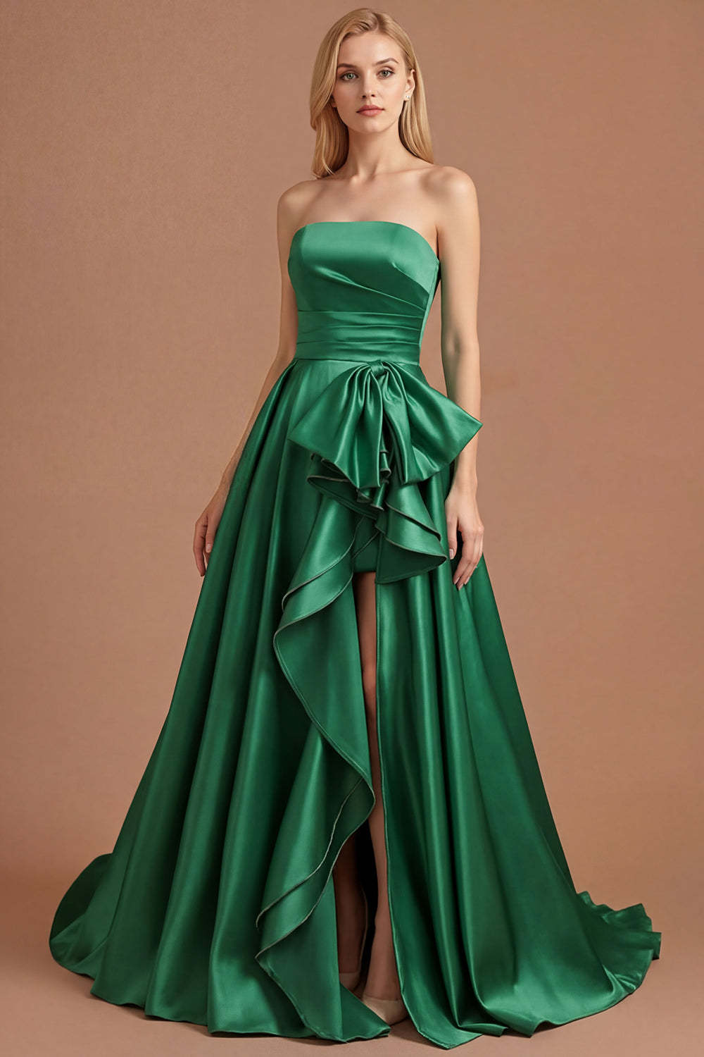 Leely Women Dark Green A Line Long Prom Dress with Detachable Cape Ruched Strapless Backless Pageant Dress with Bow