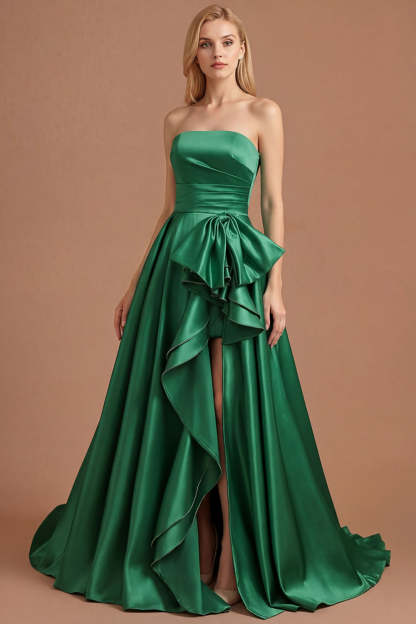 Leely Women Dark Green A Line Long Prom Dress with Detachable Cape Ruched Strapless Backless Pageant Dress with Bow