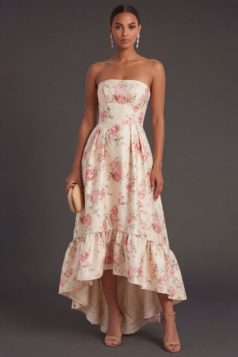 White Pink Floral Ruffled Strapless Backless High Low Formal Dress