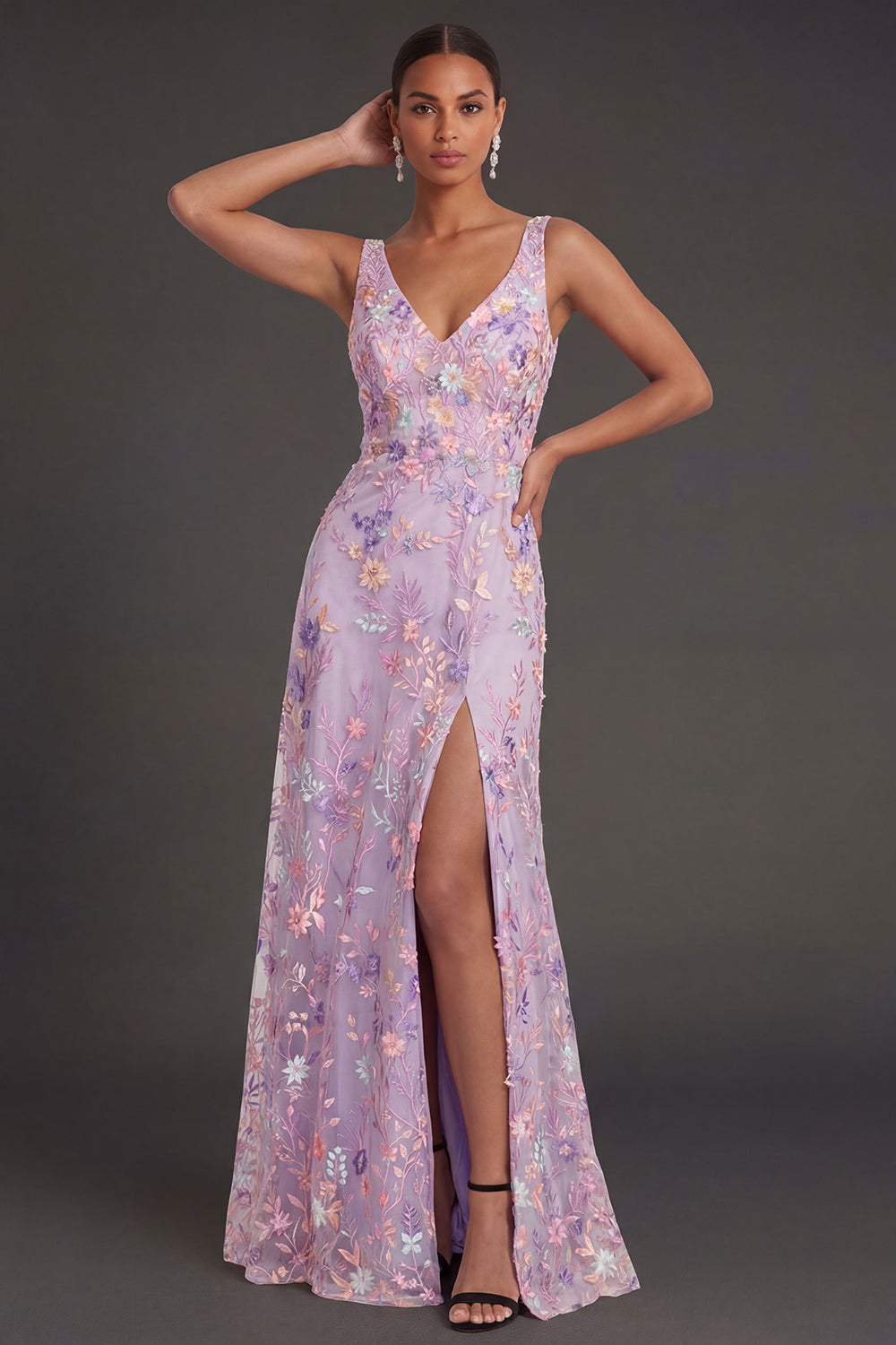 Lilac Floral A Line V Neck Embroidered Floral Long Formal Dress