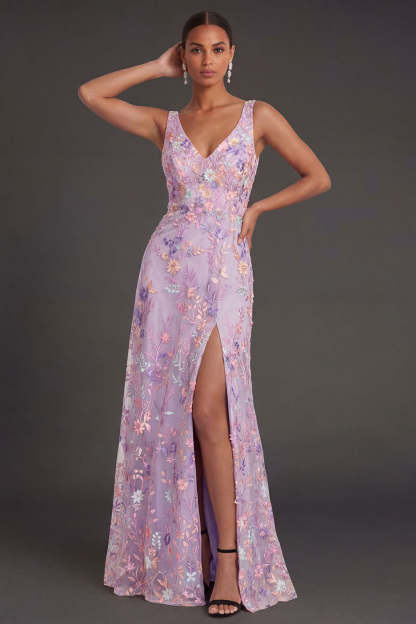 Leely Women Lilac Floral A Line Embroidered Floral Long Formal Dress V Neck Sleeveless Backless Evening Dress