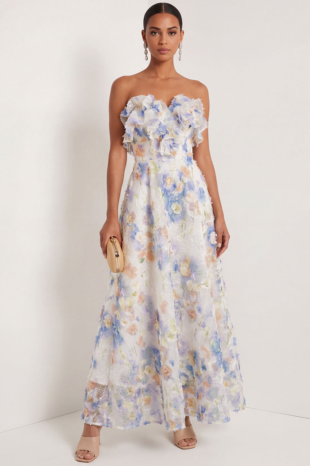 Light Blue A Line Floral Appliqued Sweetheart Long Wedding Guest Dress
