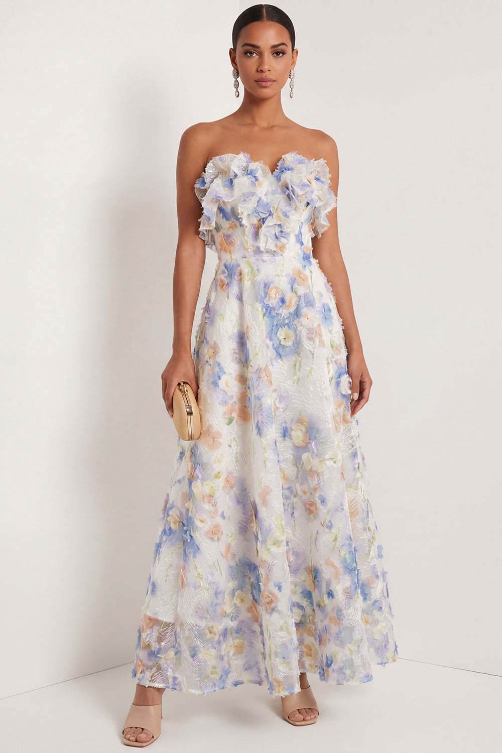 Leely Women Light Blue A Line Floral Sweetheart Long Wedding Guest Dress Appliqued Backless Sleeveless Evening Dress