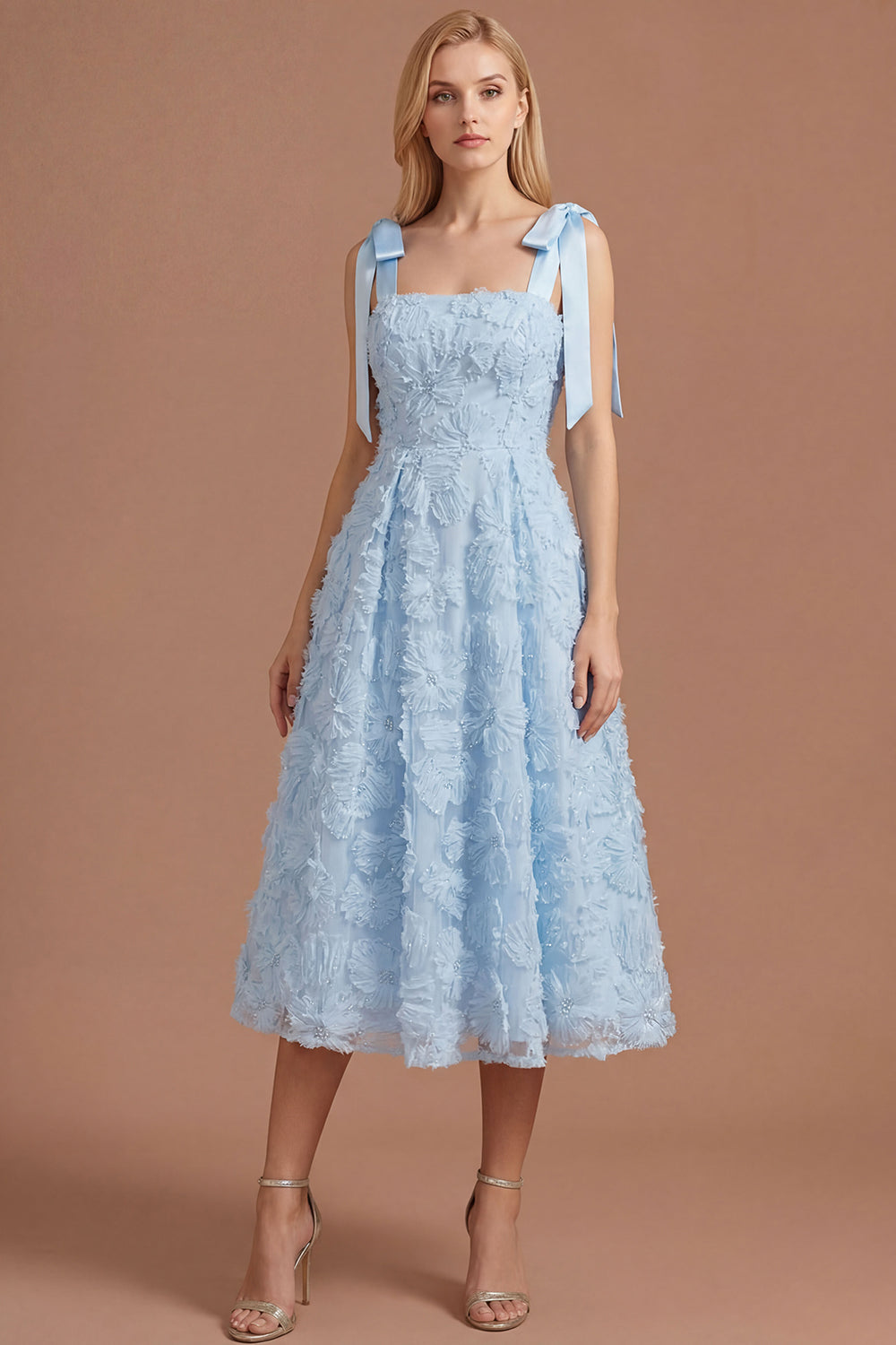 Leely Women Sky Blue Floral A Line Thick Straps Long Formal Dress Appliqued Backless Sleeveless Wedding Guest Dress