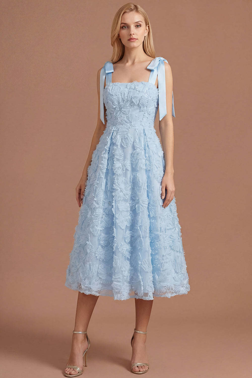 Leely Women Sky Blue Floral A Line Thick Straps Long Formal Dress Appliqued Backless Sleeveless Wedding Guest Dress