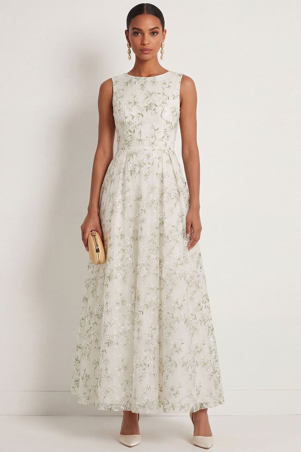 Leely Women A Line Light Green Round Neck Long Formal Dress Sleeveless Embroidered Evening Dress