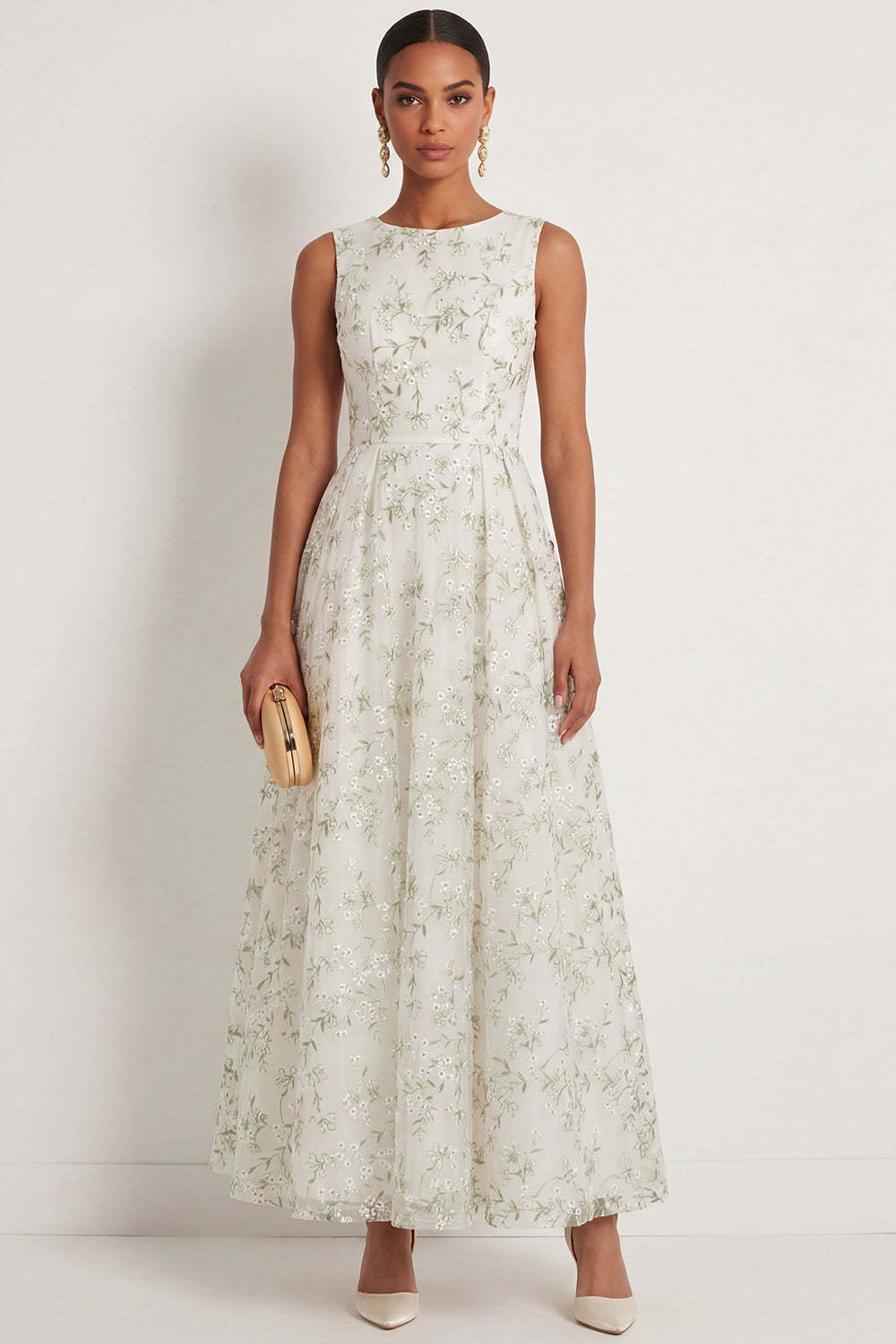 Leely Women A Line Light Green Round Neck Long Formal Dress Sleeveless Embroidered Evening Dress