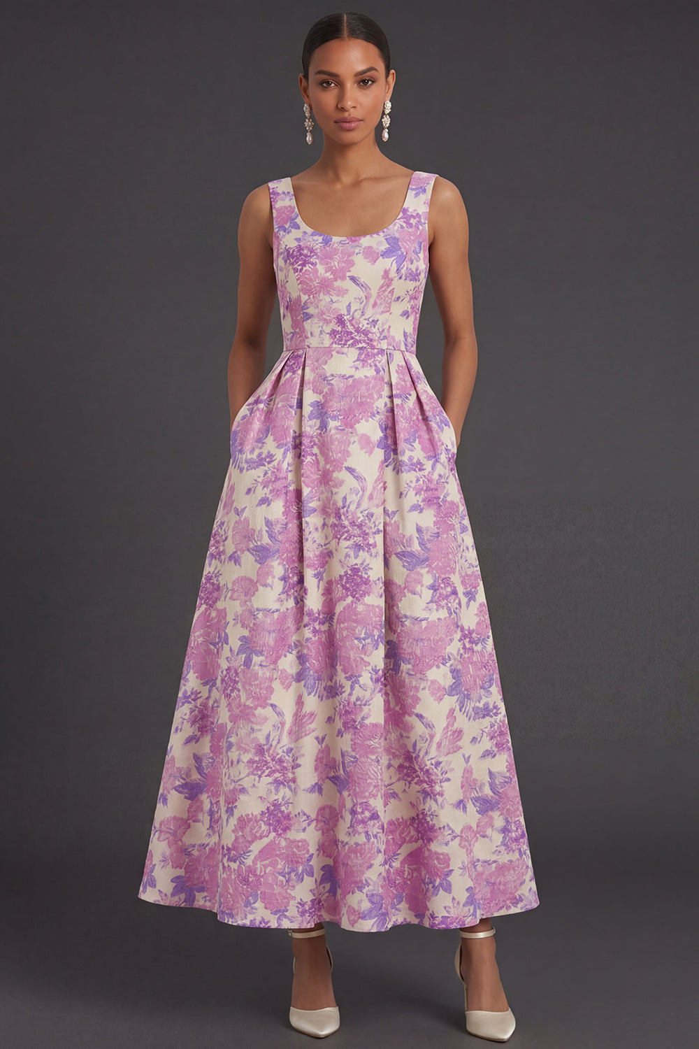 Leely Women Lilac Floral A Line Long Formal Dress with Pockets Square Neck Backless Sleeveless Evening Dress