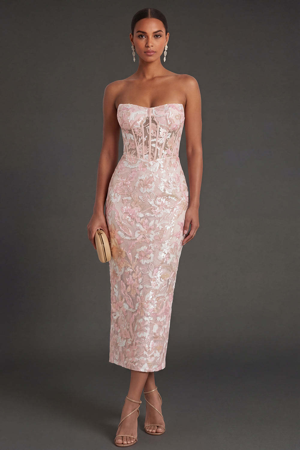 Leely Women Pink Floral Appliqued Sheath Corset Long Formal Dress Strapless Backless Sleeveless Evening Dress