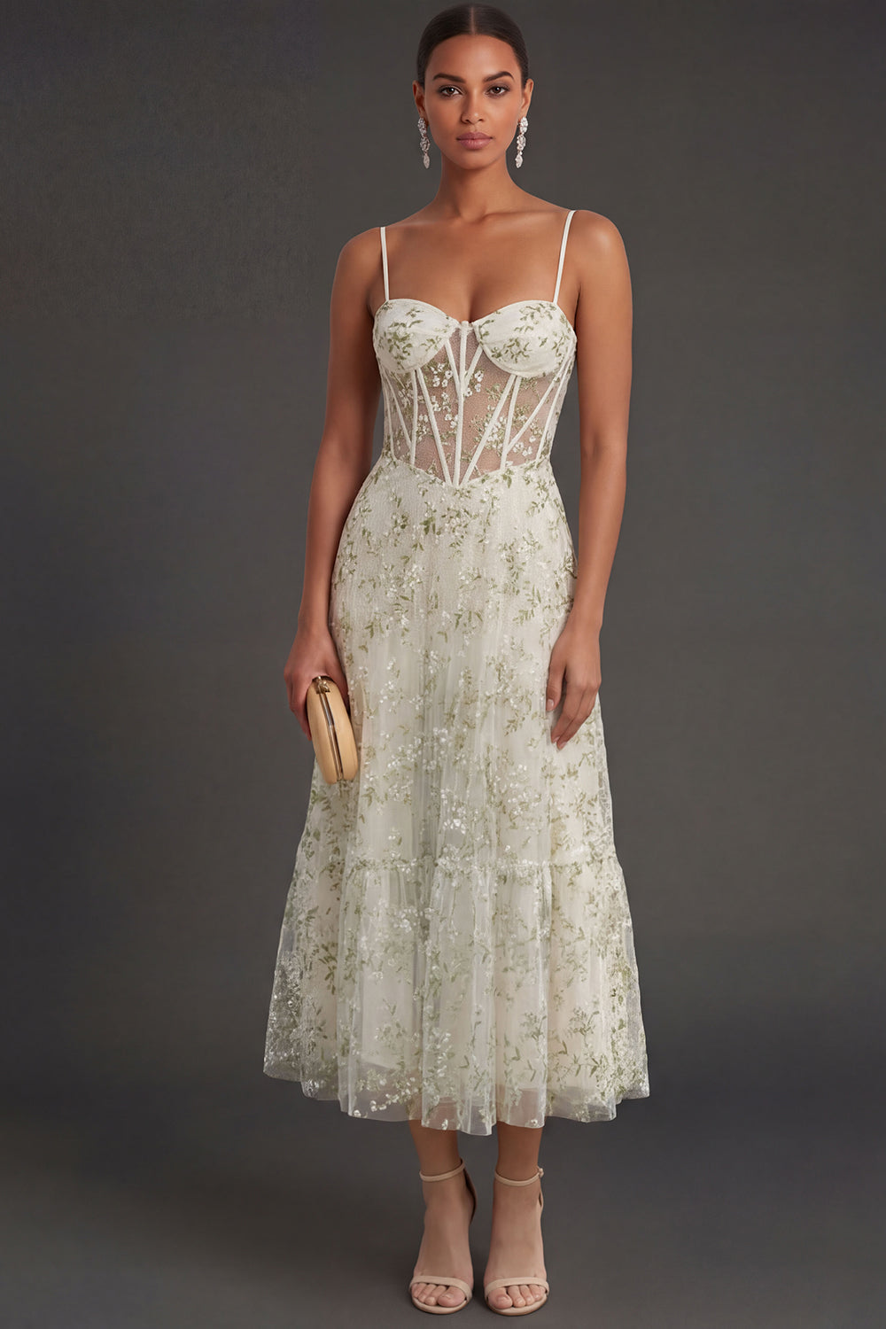 Light Green Floral Corset Spaghetti Straps Long Formal Dress