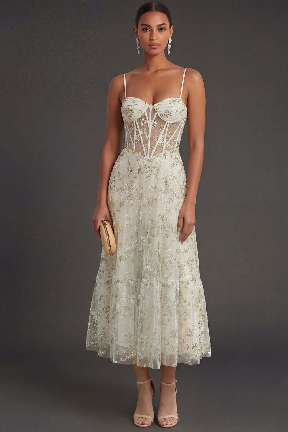 Leely Women Light Green Floral Corset Spaghetti Straps Long Formal Dress Backless Sleeveless Evening Dress