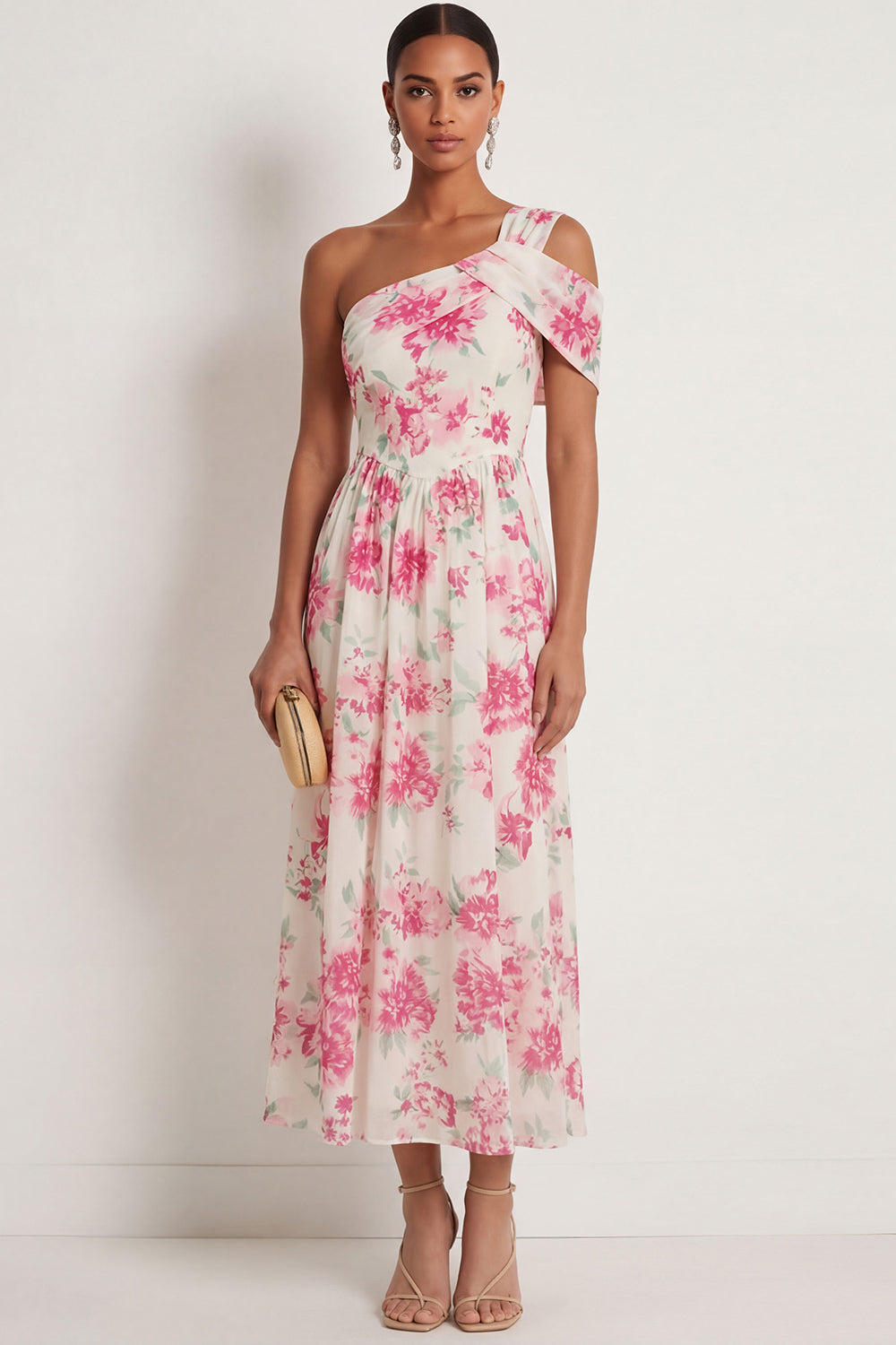 White Fuchsia Floral A Line One Shoulder Long Formal Dress