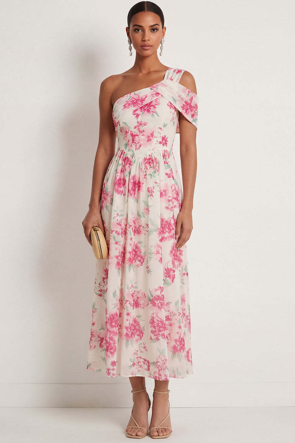 Leely Women White Fuchsia Floral A Line Long Formal Dress One Shoulder Keyhole Sleeveless Evening Dress