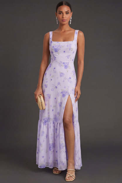 Leely Women Floral Lilac Sheath Long Formal Dress with Slit Thick Straps Backless Sleeveless Wedding Guest Dress