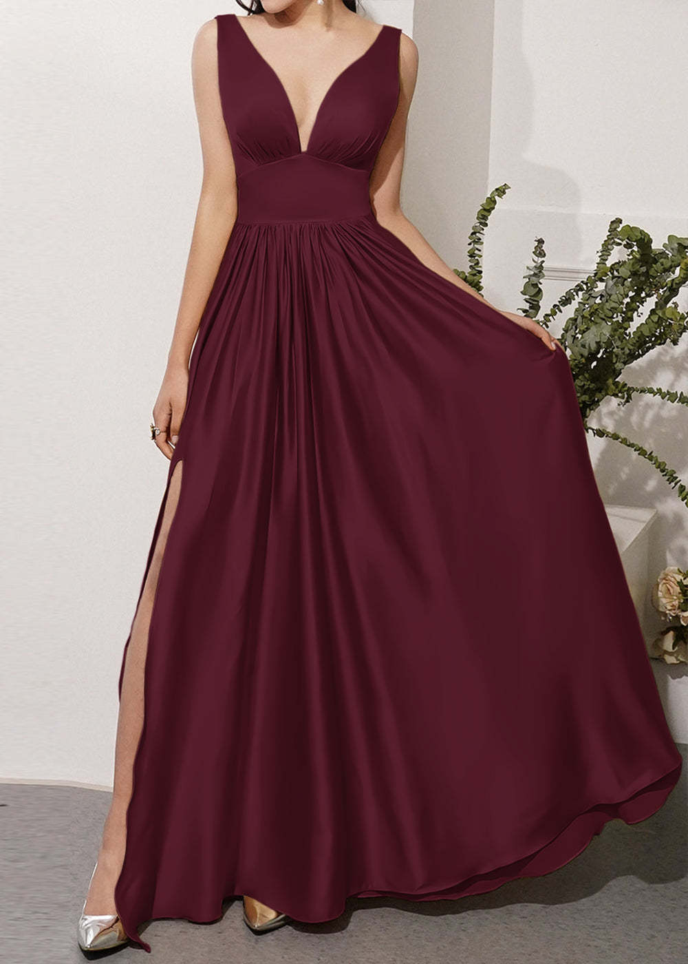 V-neck Long Bridesmaid Dress with Split