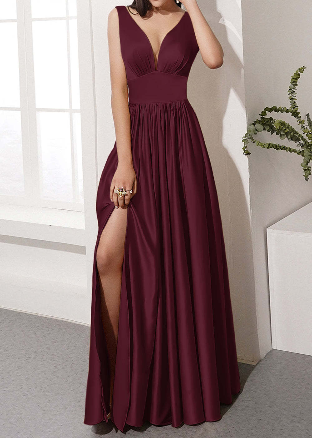 V-neck Long Bridesmaid Dress with Split