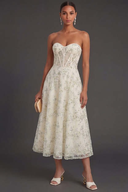 Leely Women Light Green A Line Corset Floral Long Formal Dress Appliqued Sweetheart Backless Evening Dress