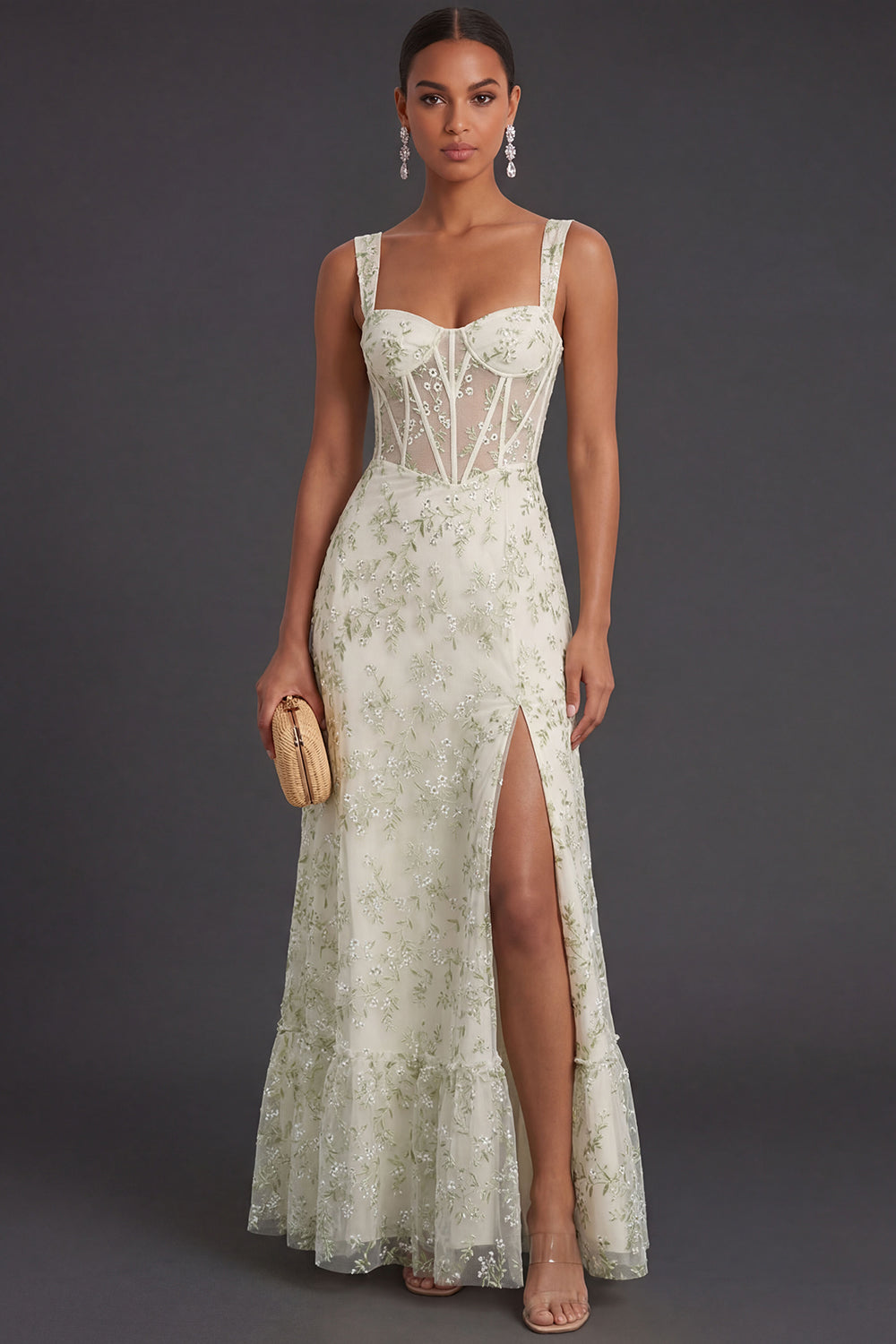 Light Green Floral Sheath Corset Thick Straps Long Formal Dress