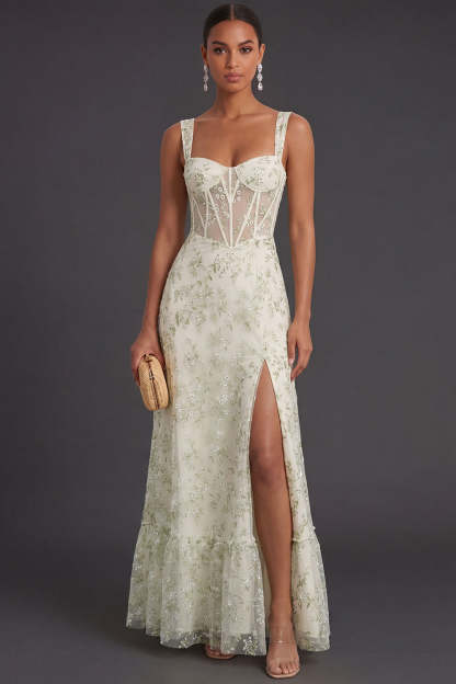 Leely Women Light Green Floral Corset Spaghetti Straps Long Formal Dress Backless Sleeveless Evening Dress