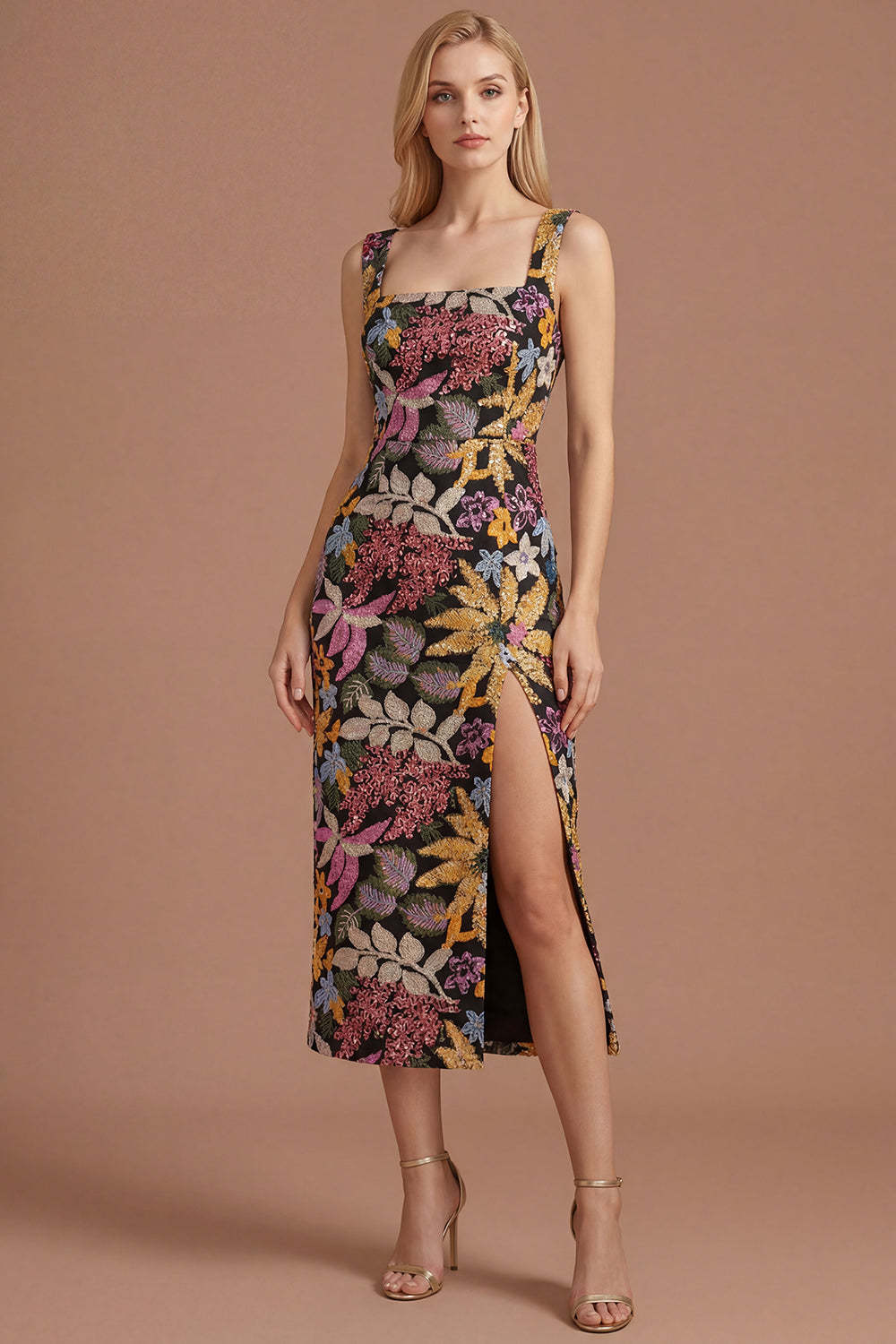 Leely Women Sparkly Sequined Sheath Black Floral Long Formal Dress with Slit Thick Straps Sleeveless Backless Wedding Guest Dress