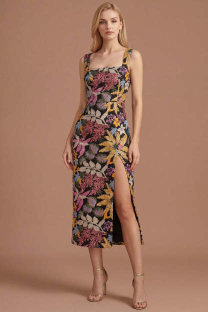 Leely Women Sparkly Sequined Sheath Black Floral Long Formal Dress with Slit Thick Straps Sleeveless Backless Wedding Guest Dress