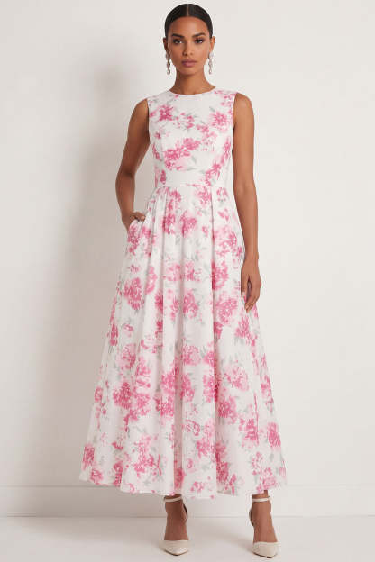 Leely Women White Fuchsia Floral A Line Long Formal Dress Round Neck Sleeveless Wedding Guest Dress