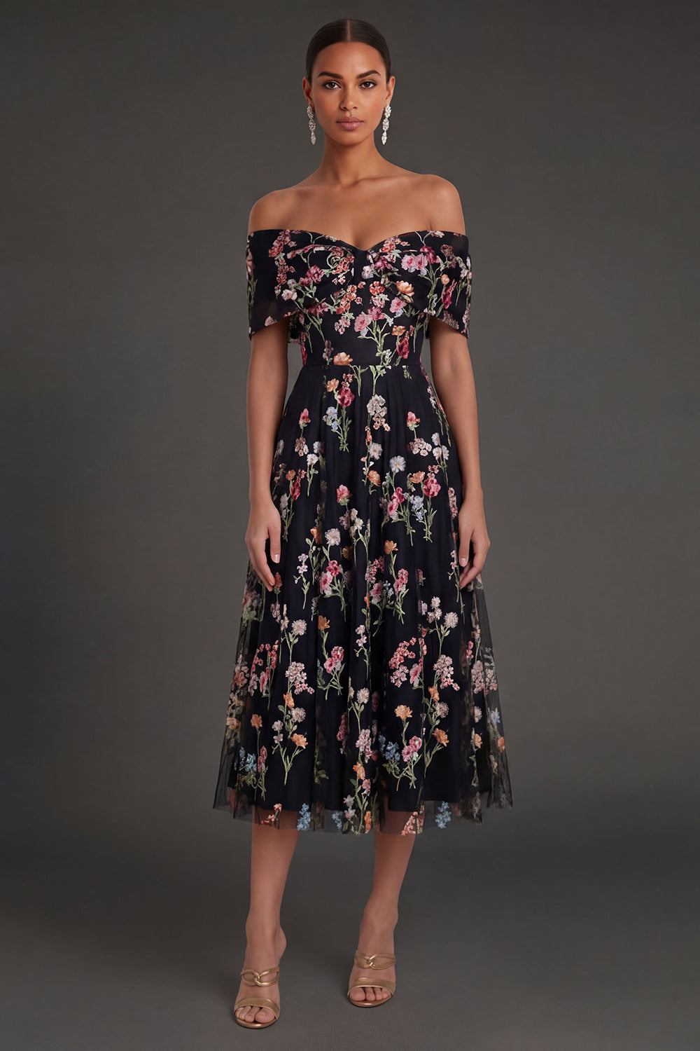 Leely Women Black Floral A Line Off the Shoulder Long Formal Dress Embroidered Backless Sleeveless Evening Dress