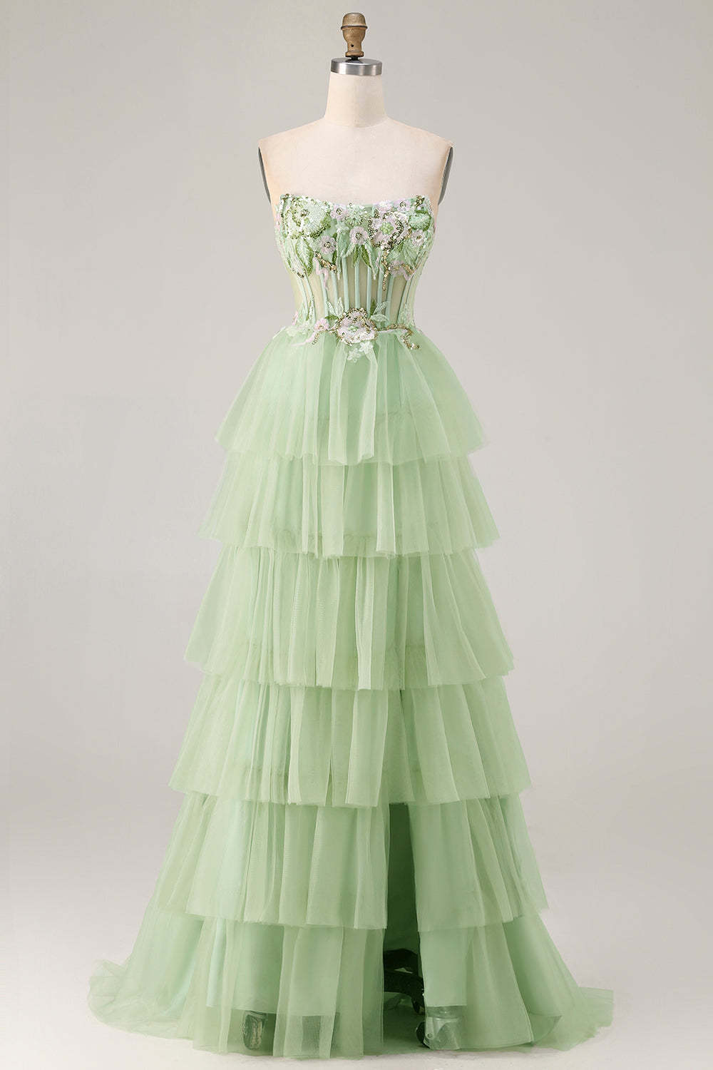 Leely Women Sparkly Floral Green Ruffled Long Corset Prom Dress with Slit Tiered Tulle A-Line Strapless Gala Dress with Beading