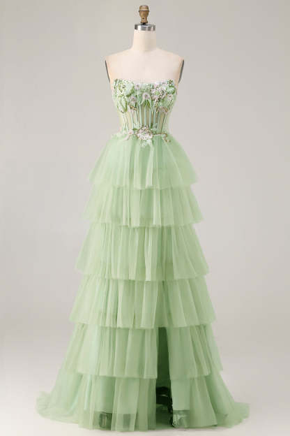 Leely Women Sparkly Floral Green Ruffled Long Corset Prom Dress with Slit Tiered Tulle A-Line Strapless Gala Dress with Beading