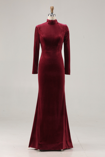Cabernet Velvet High Neck Sweep Train Formal Dress with Sleeves