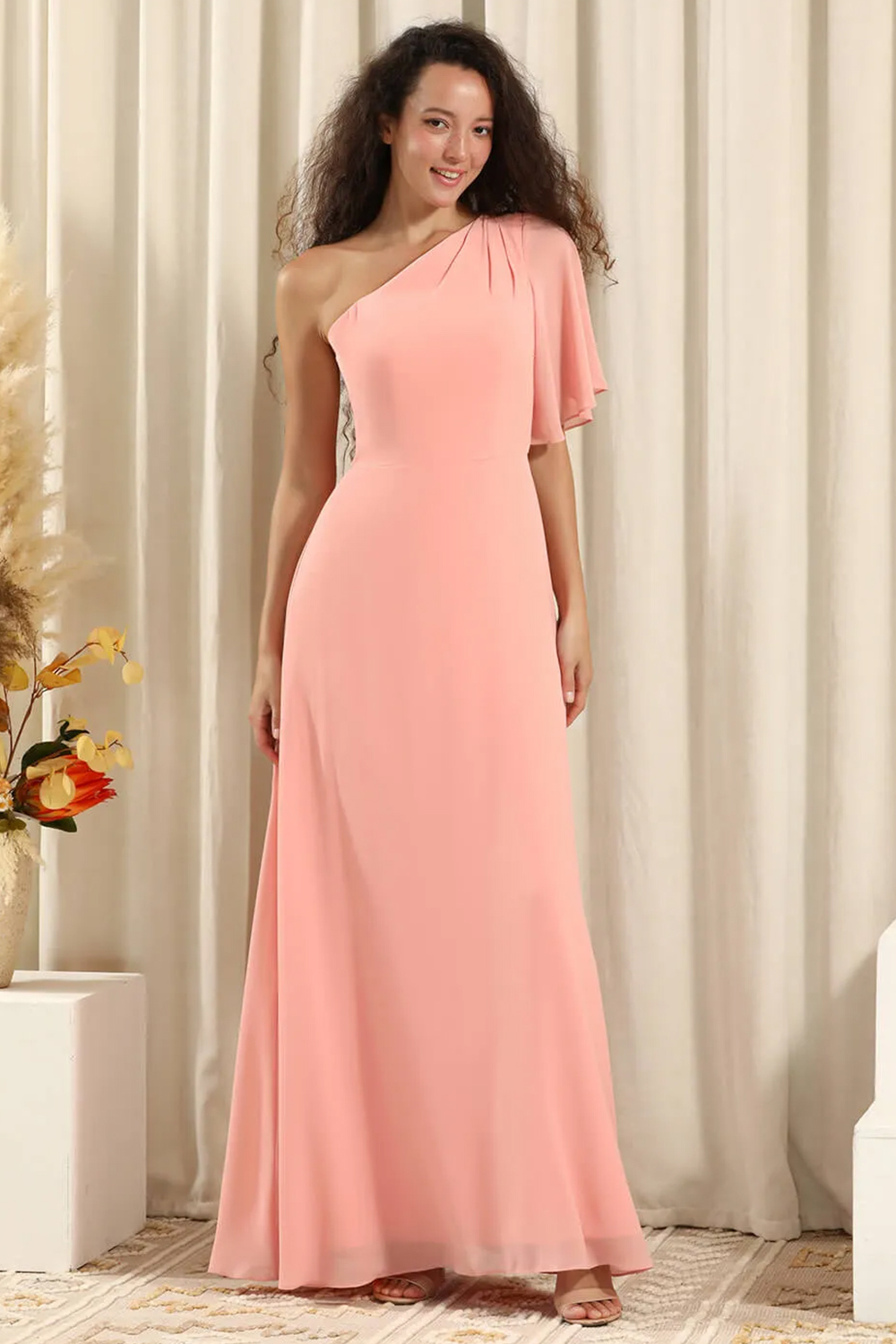 One Shoulder Pleated Short Sleeves Chiffon A-line Long Bridesmaid Dres